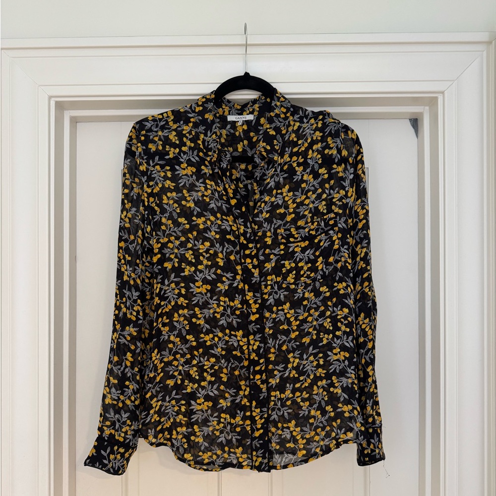 Ganni Sheer Blouse. Black & Yellow Floral Print. Sz 36 (US 4).